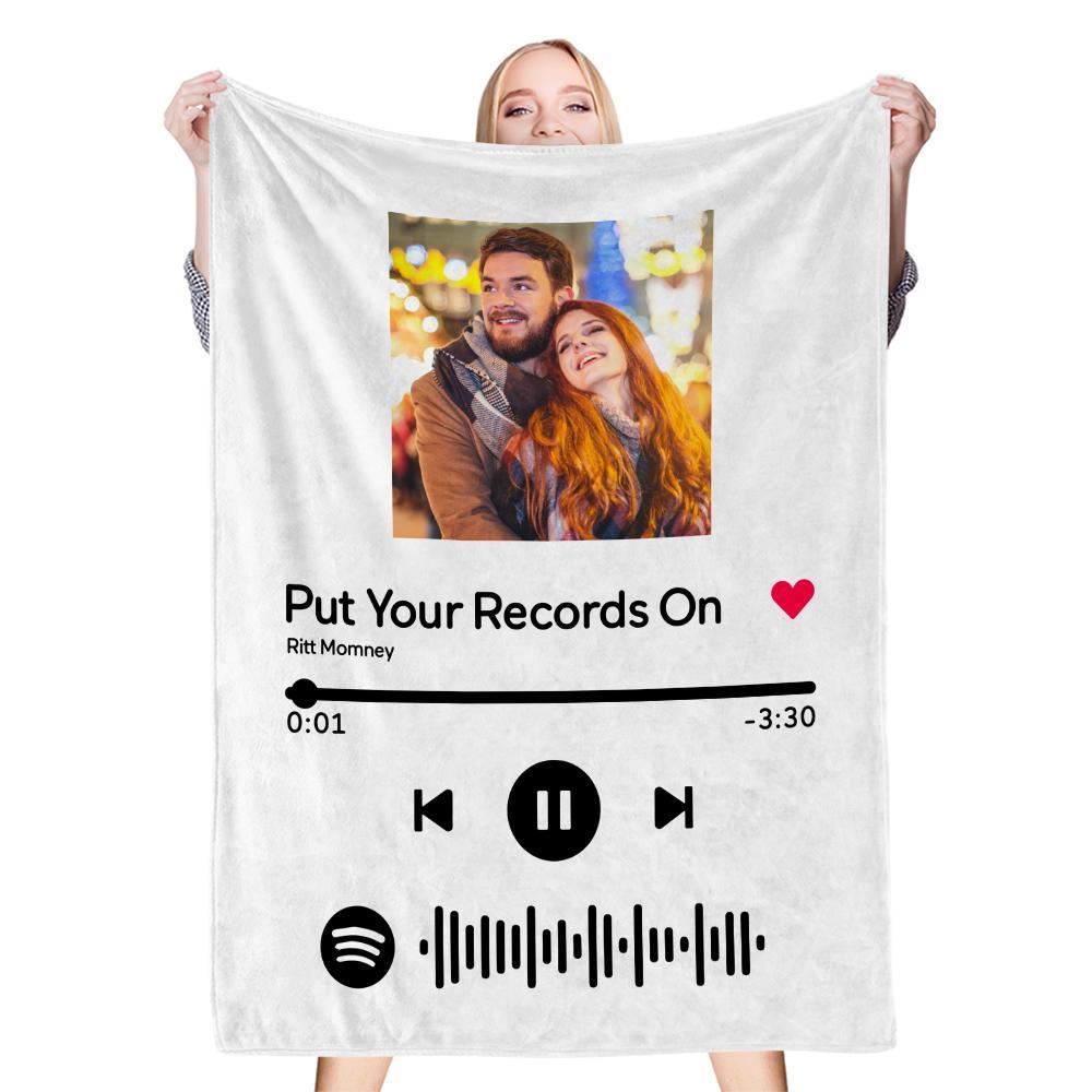 Custom Spotify code blanket with couple's photo, song lyrics and scannable code, perfect gift