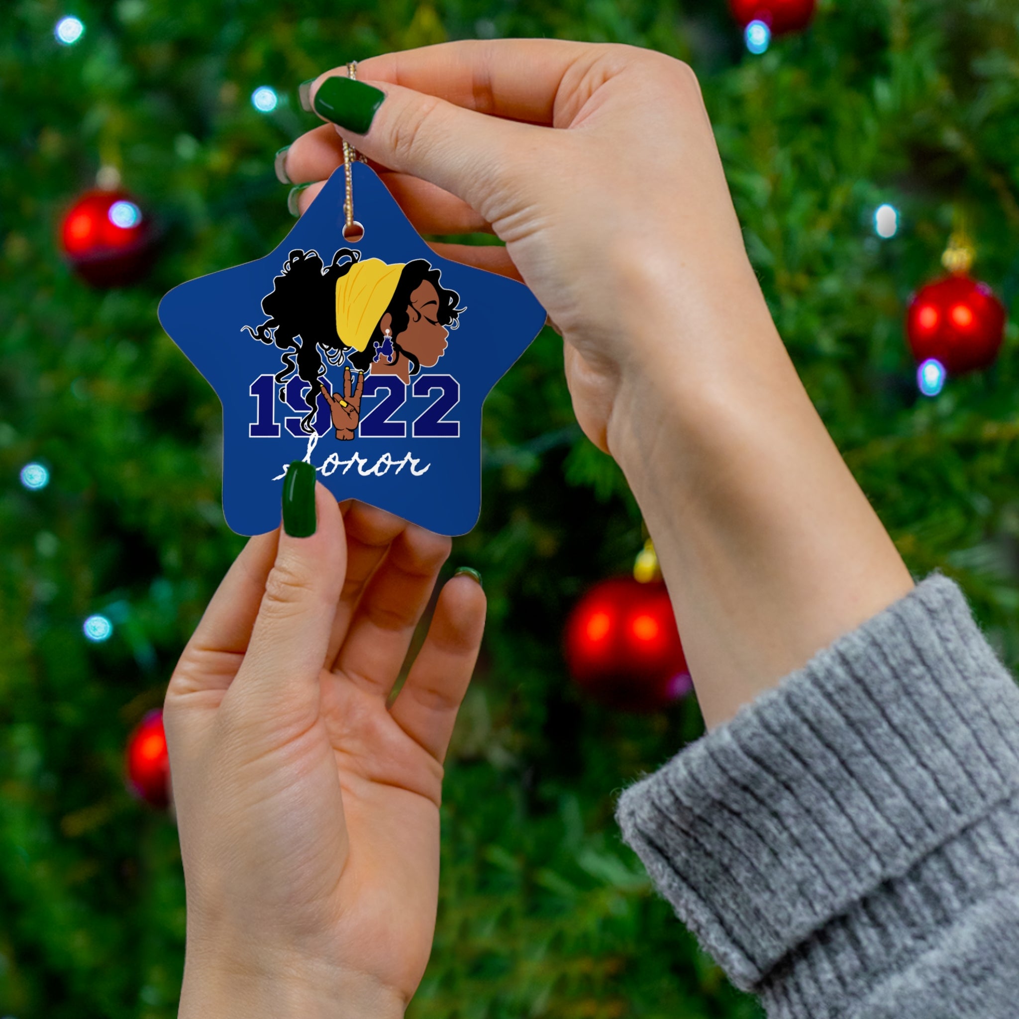 SGHRO, Soror, Sorority,  Ceramic Ornament - Christmas Gift Exchange | Home Decor | 4 Shapes Design, Blue and Yellow, Ceramic Decor, Ceramic Ornament, Christmas Ornament, Eastern Star Gift, Fraternal Gift, Gift Exchange, Holiday Decoration, Mason, Masonry, OES Order, SGHRO, Sisterhood Gift, Soror, Soror Sisterhood, Sorority, Sorority Decor, Unique Ornament | Printify