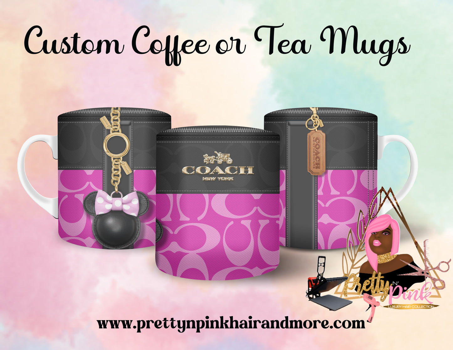 “Name Brand Purse-inspired reusable coffee cups with high-fashion print, styled for luxury lovers, available at PrettyNPinkHairandMore.com and Stan Store” Coach, Hermes, LV, MK, YSL