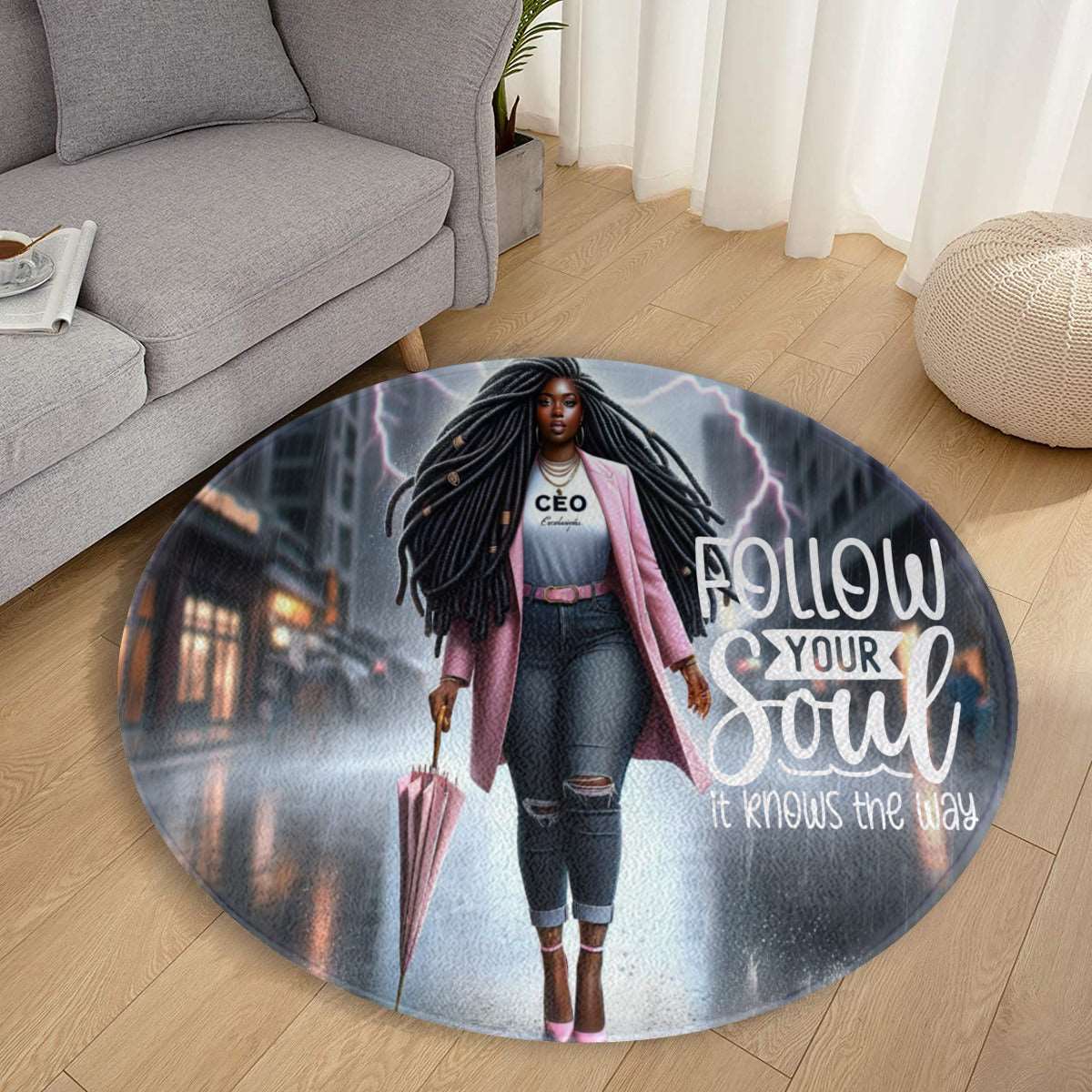 a woman standing in a living room with a surfboard