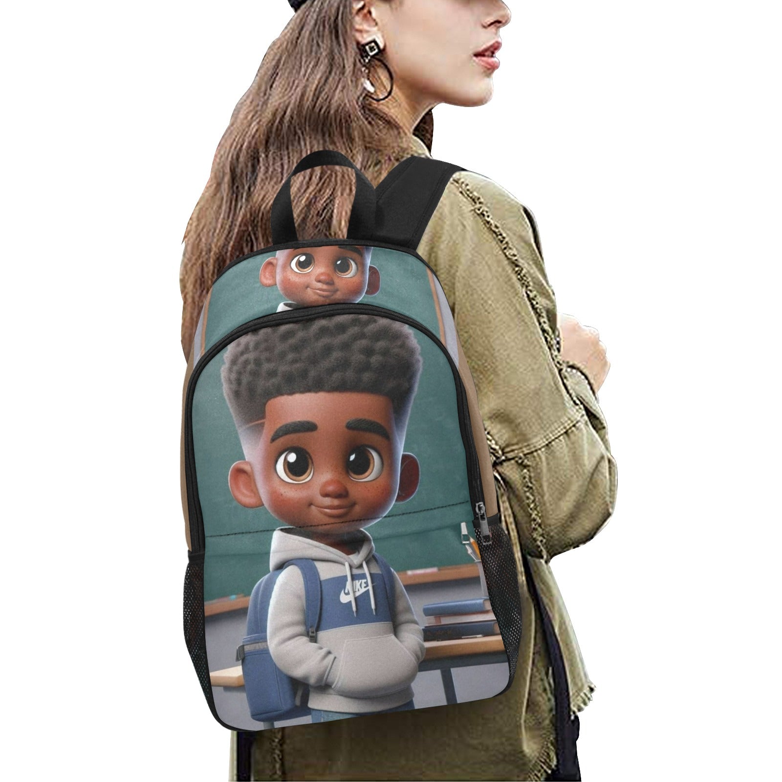 African American Boy Fabric Backpack with Side Mesh Pockets
