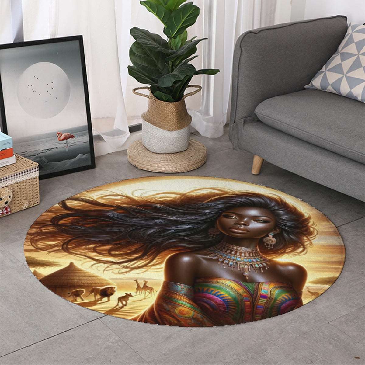 a statue of a lion sitting in a living room