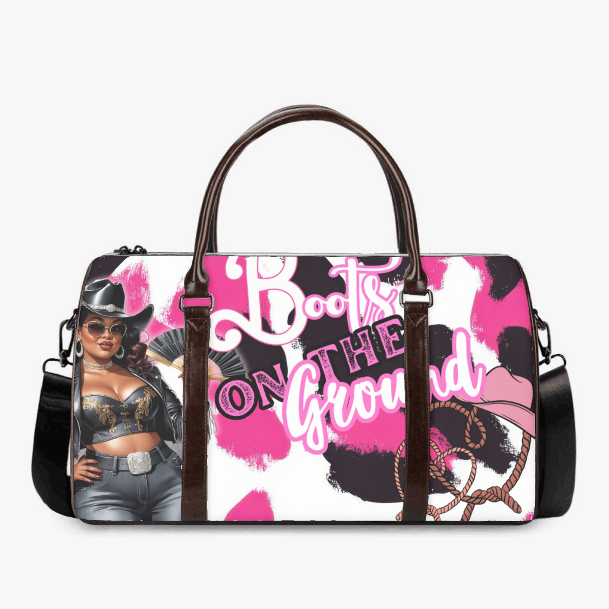 Duffle bag with a graphic design featuring a person in a cowboy hat and boots, with text 'Boots on the Ground'.