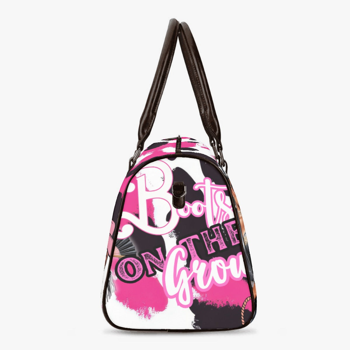 Handbag with 'Boots on the Ground' text and pink design on a white background