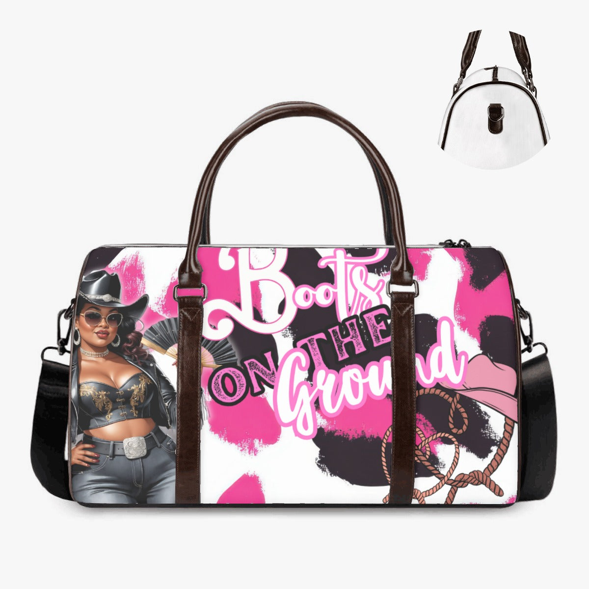 Duffle bag with a graphic design featuring a person in a cowboy outfit and text on a white background.