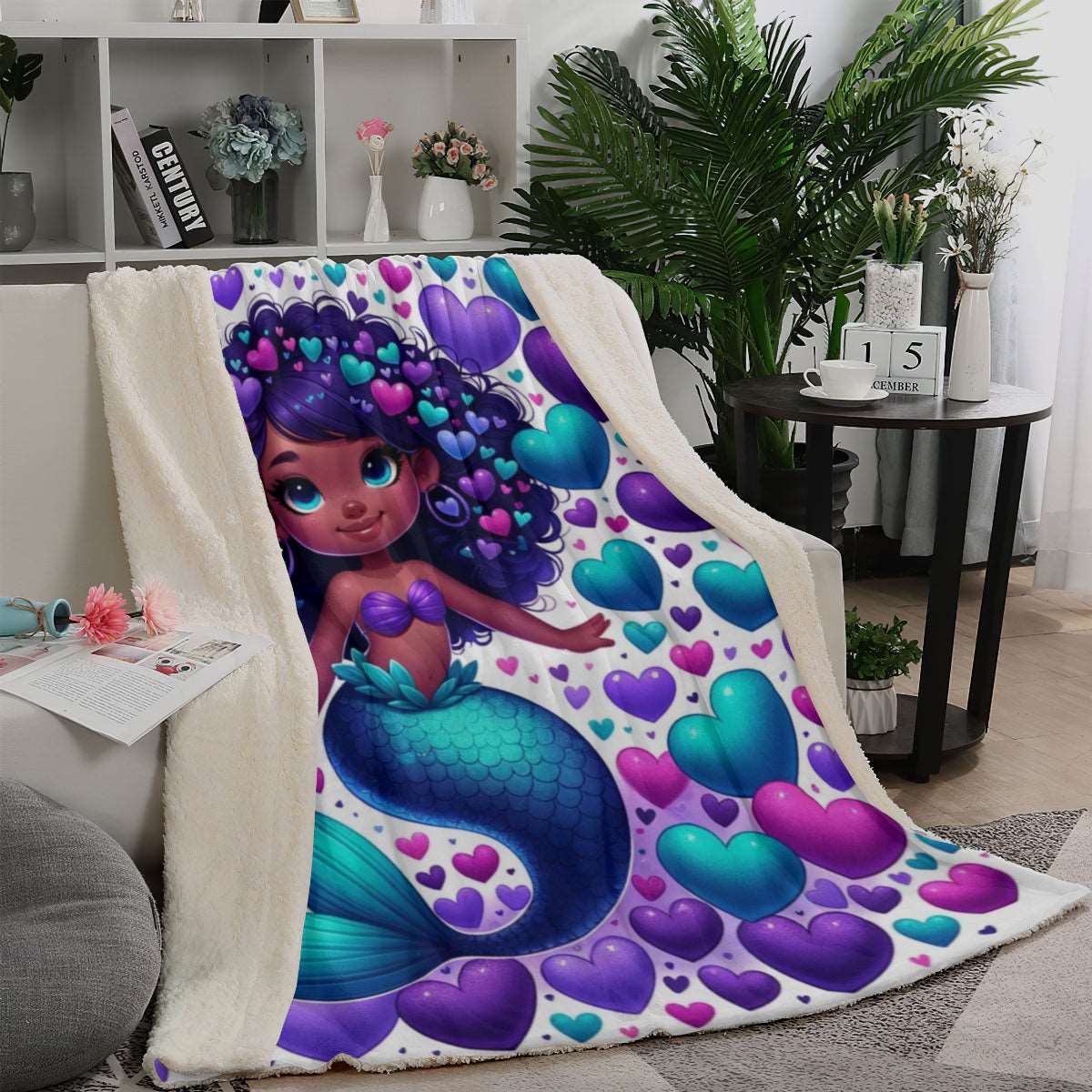 a colorful bed with a pink blanket on it