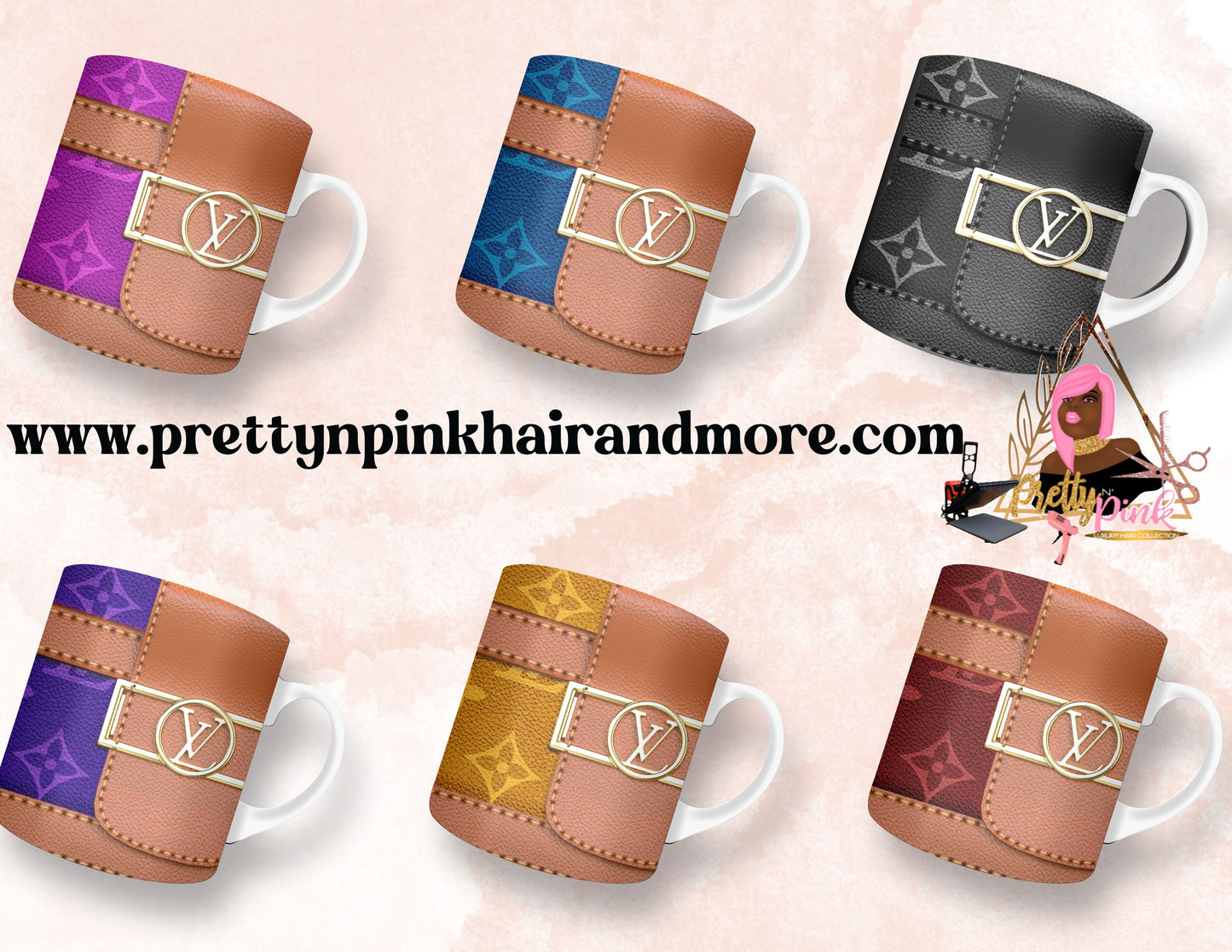 “Name Brand Purse-inspired reusable coffee cups with high-fashion print, styled for luxury lovers, available at PrettyNPinkHairandMore.com and Stan Store” Coach, Hermes, LV, MK, YSL