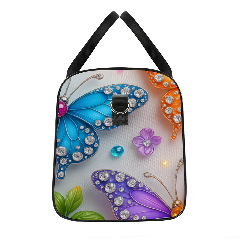 Stylish butterfly print luggage tote with shoulder strap in everyday travel setting