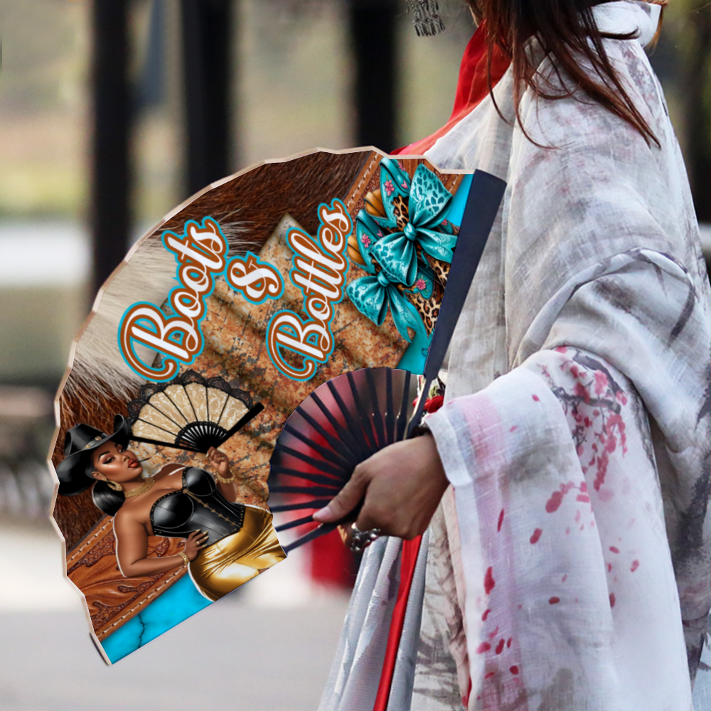 Boots & Bottles Brown and Turquoise Clack Hand-held Folding Fan