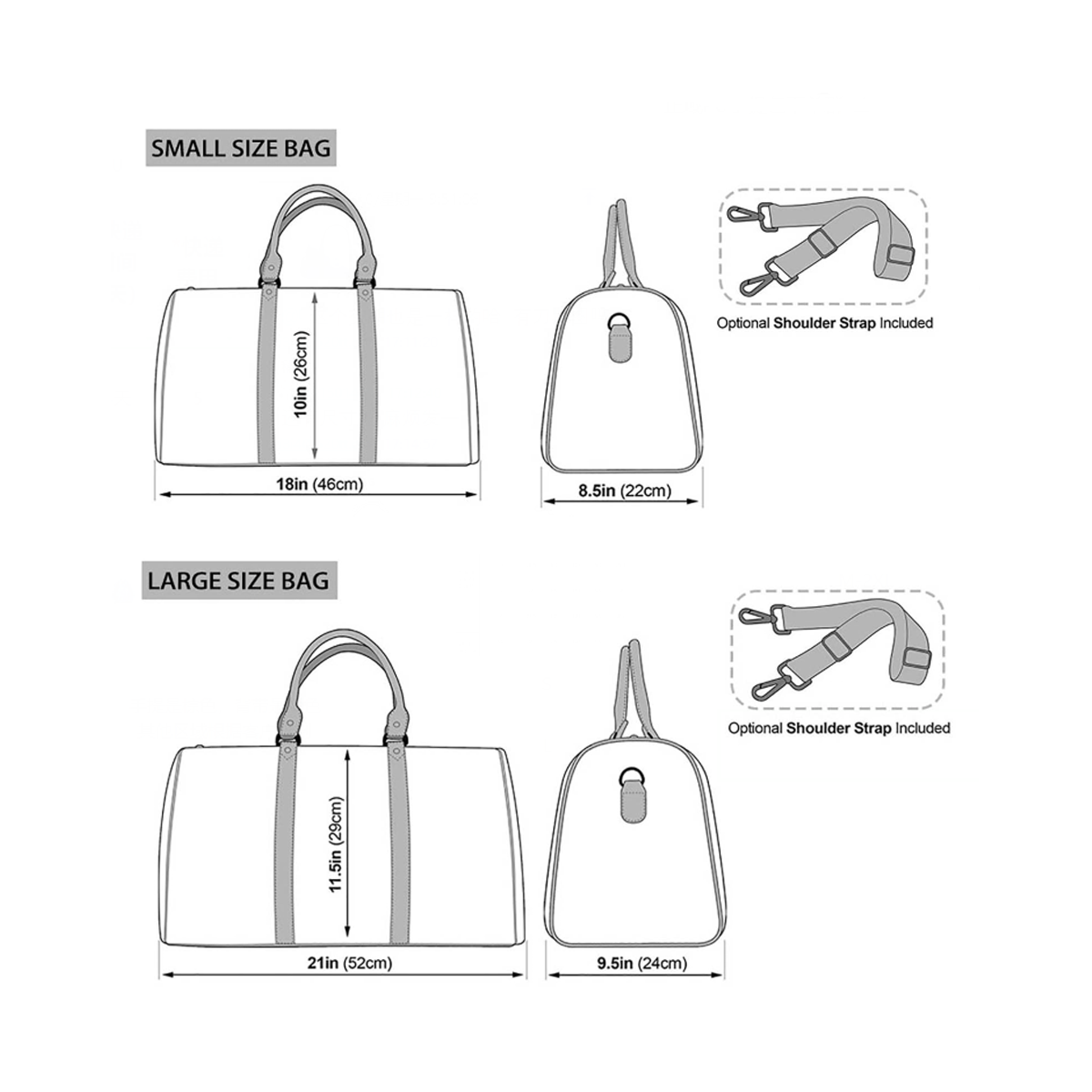 Illustrations of small and large size bags with dimensions and optional shoulder straps.