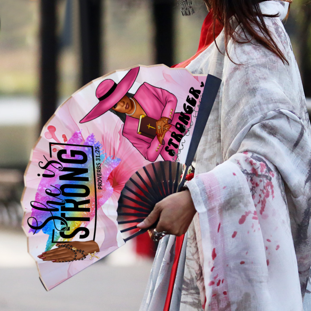 She is strong Silk Fan Retro Hand-held Folding Fan- Faith
