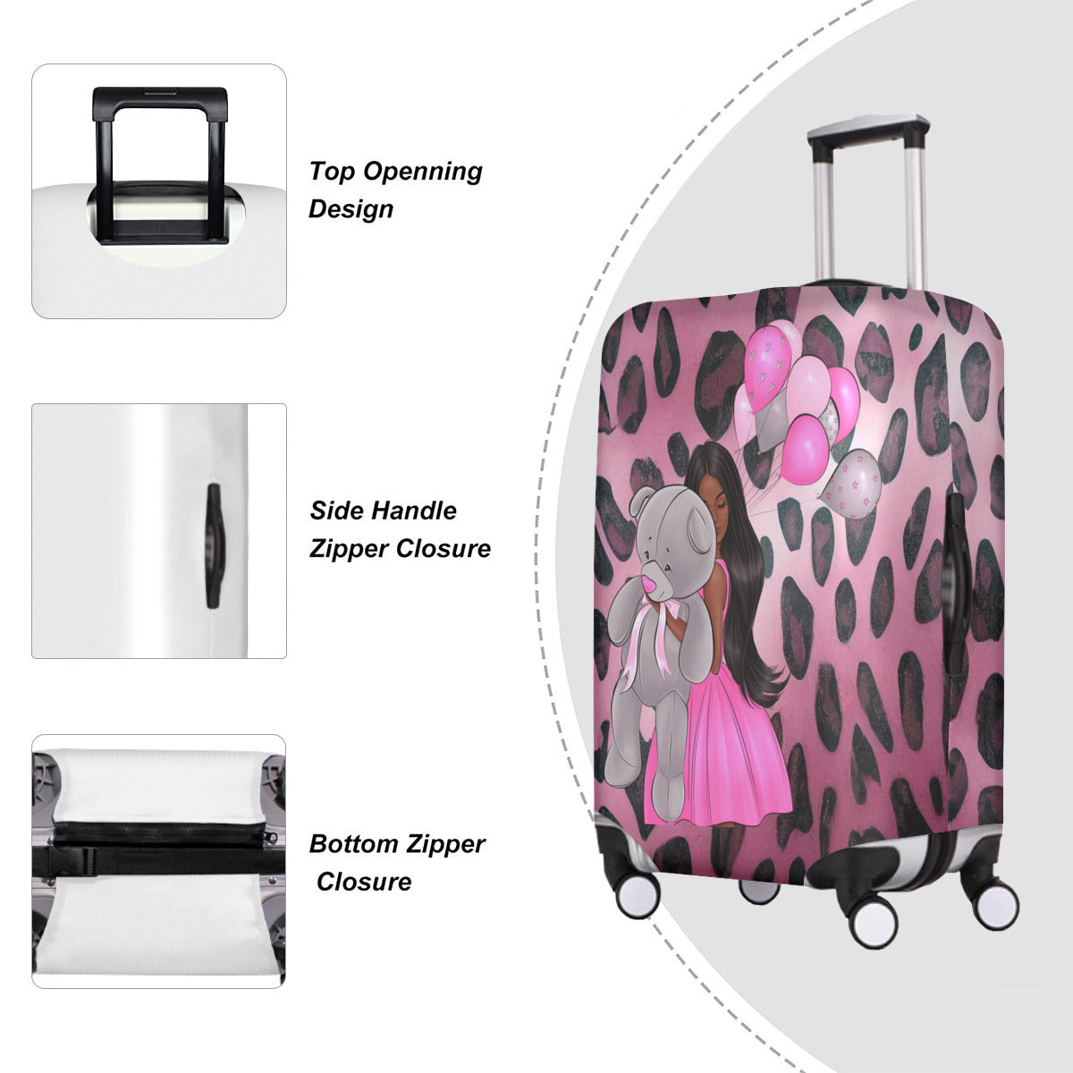 a picture of a pink and black suitcase