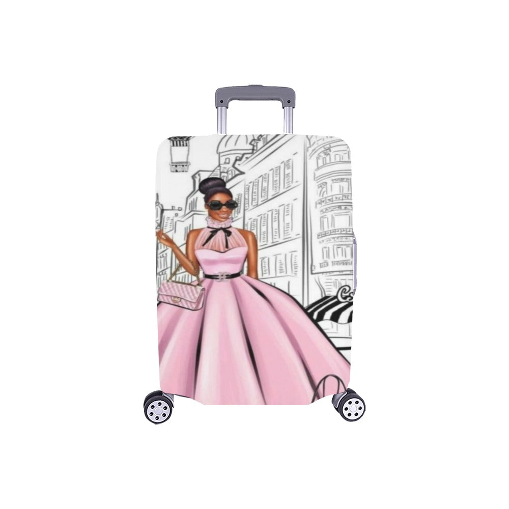 a woman in a pink dress holding a cell phone