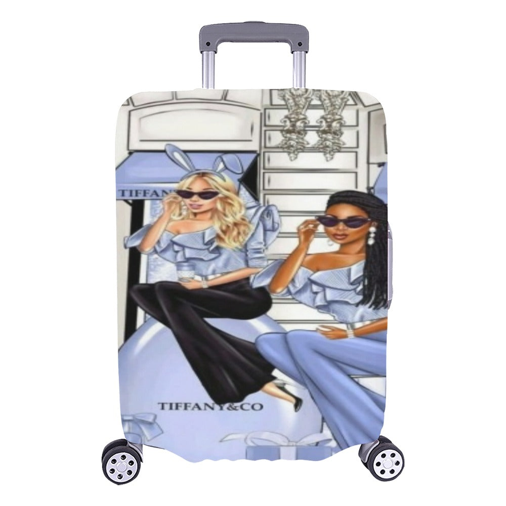 a woman sitting on a bench with a suitcase