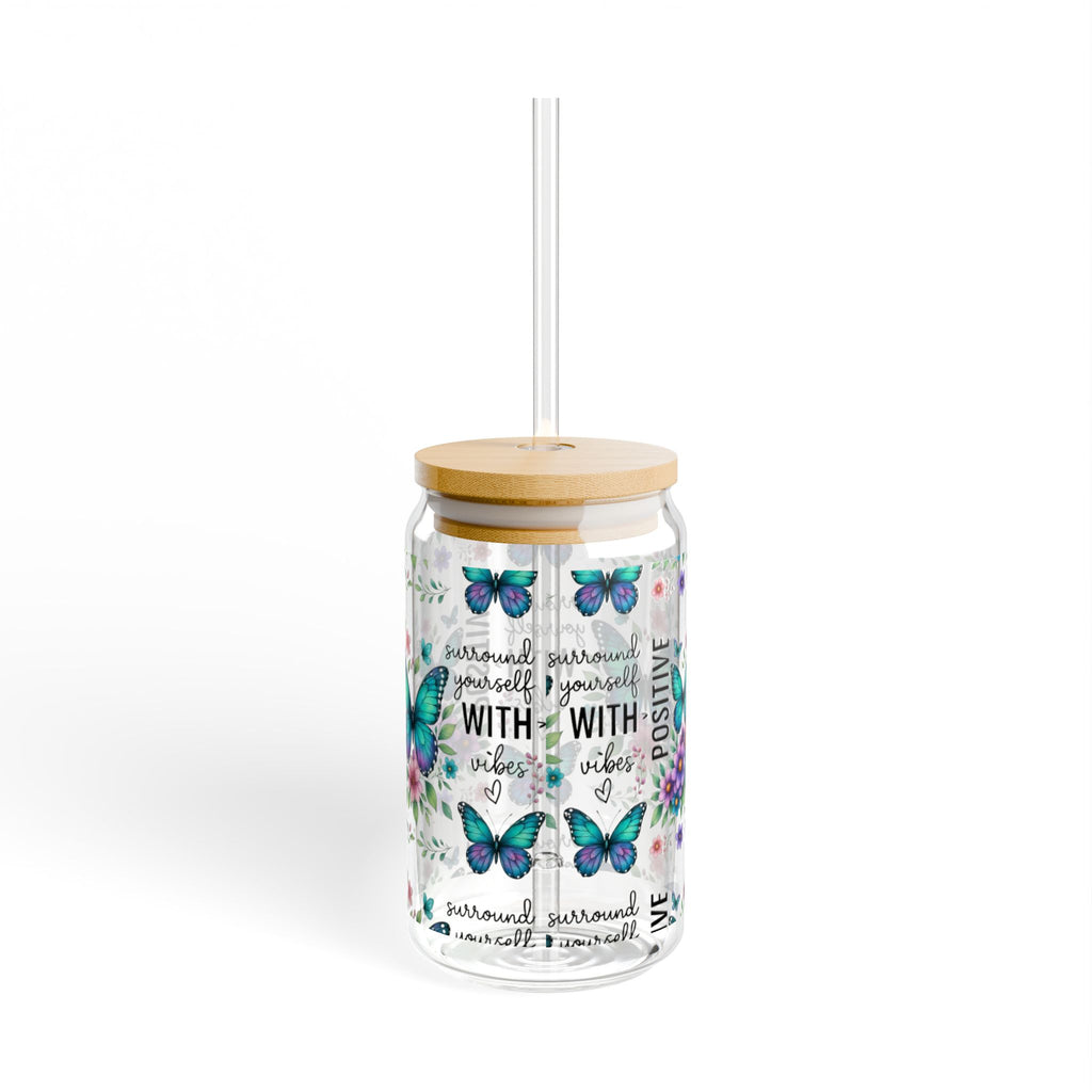 Glass Drinkware, Positive Vibes Sipper Glass, Butterfly Design, Eco-friendly Gift for Nature Lovers