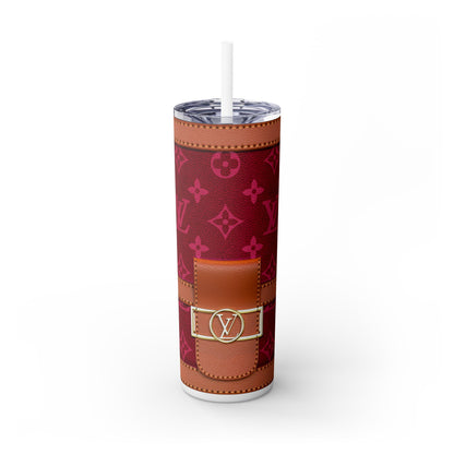 Louie Red & Light Brown Skinny Tumbler with Straw, 20oz | Mug | 20 oz, Back-to-School, Bottles & Tumblers, Drink, Drinks, Glossy, Home & Living, Matte, Outdoor, purse Tumblers, Stainless steel, Travel, Travel Accessories, Tumblers | Printify