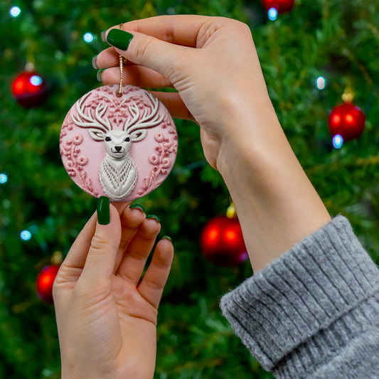 3D Embroidered Pink Christmas Deer #2 Ceramic Ornament | Home Decor | Ceramic, Christmas, Glossy, Halloween, Holiday Picks, Home & Living, ornament, Ornaments, Seasonal Decorations | Printify