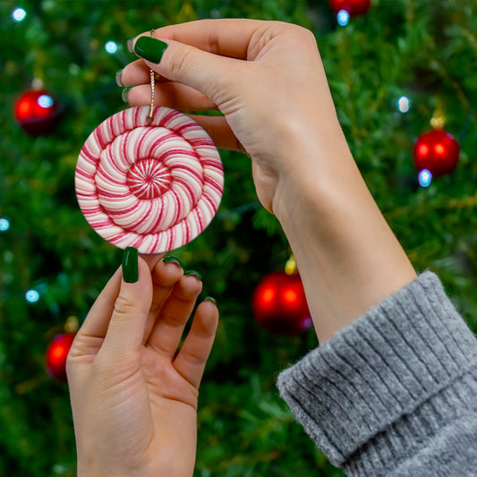 3D Embroidered Pink Christmas Swirled Candy Cane Ceramic Ornament | Home Decor | Ceramic, Christmas, Glossy, Halloween, Holiday Picks, Home & Living, ornament, Ornaments, Seasonal Decorations | Printify