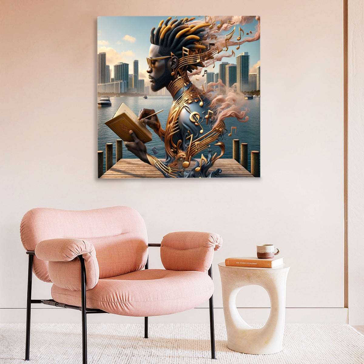 a living room filled with furniture and a painting 