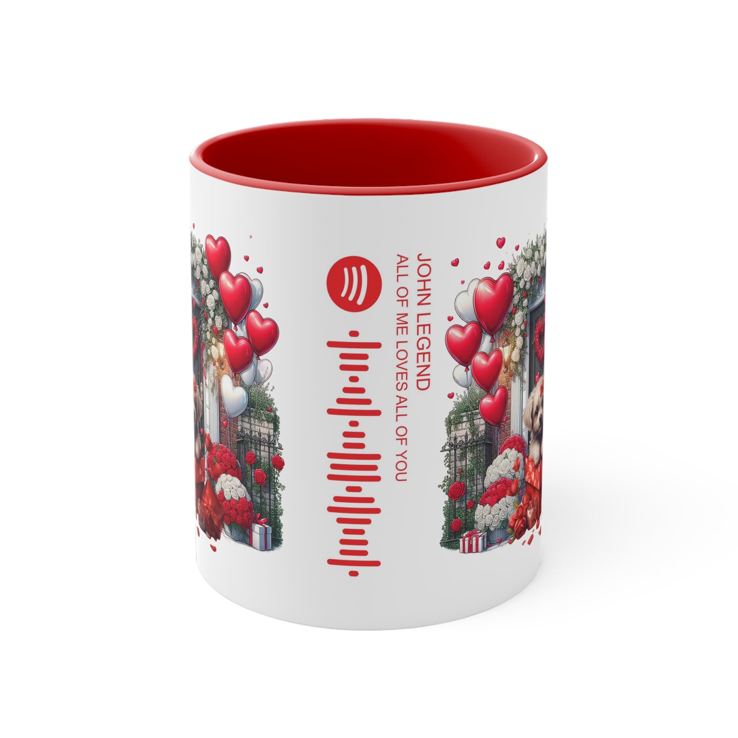 Red & White Heart Samantha Doggie Spotify QR Code Accent Coffee Mug, 11oz