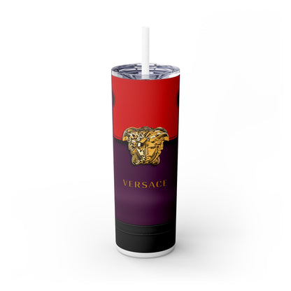 Versace Purple & Red Skinny Tumbler with Straw, 20oz | Mug | 20 oz, Back-to-School, Bottles & Tumblers, Drink, Drinks, Glossy, Home & Living, Louie Purse Tumbler, Matte, Outdoor, Purse Tumbler, Stainless steel, Travel, Travel Accessories, Tumblers | Printify