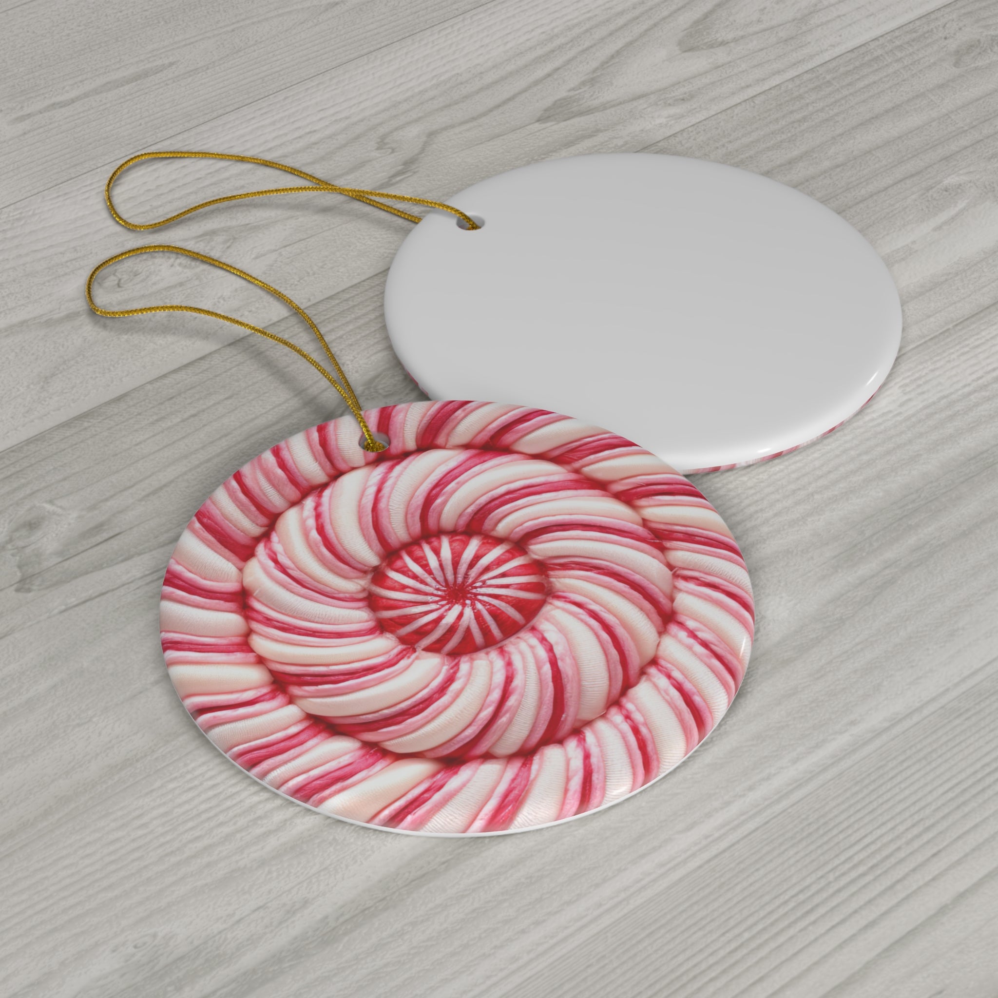 3D Embroidered Pink Christmas Swirled Candy Cane Ceramic Ornament