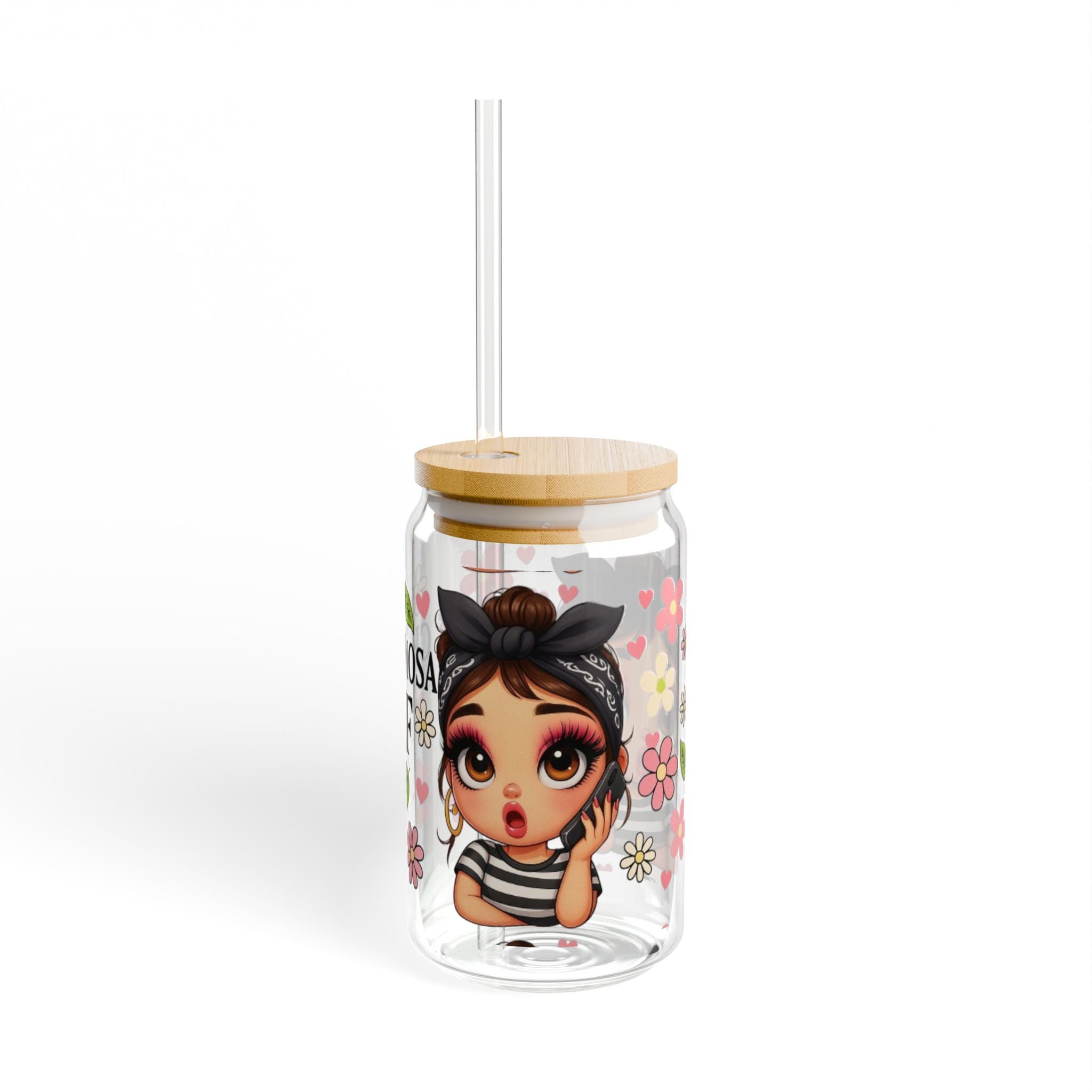 Chismosita AF Sipper Glass, Cute Drinking Jar, Summer Beverage Tumbler, Floral Design, Perfect Gift Idea