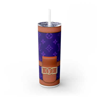 Louie Purple Skinny Tumbler with Straw, 20oz | Mug | 20 oz, Back-to-School, Bottles & Tumblers, Drink, Drinks, Glossy, Home & Living, Matte, Outdoor, purse Tumblers, Stainless steel, Travel, Travel Accessories, Tumblers | Printify