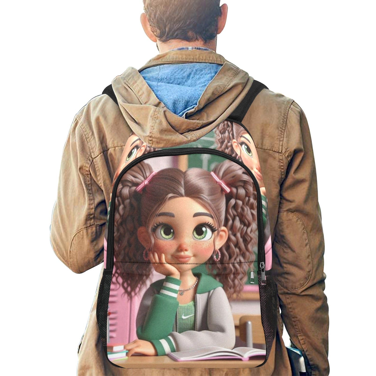 Caucasian Girl sitting at Desk Backpack Fabric Backpack with Side Mesh Pockets