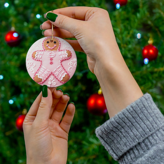 3D Embroidered Pink Christmas Gingerbread #2 Ceramic Ornament | Home Decor | Ceramic, Christmas, Glossy, Halloween, Holiday Picks, Home & Living, ornament, Ornaments, Seasonal Decorations | Printify