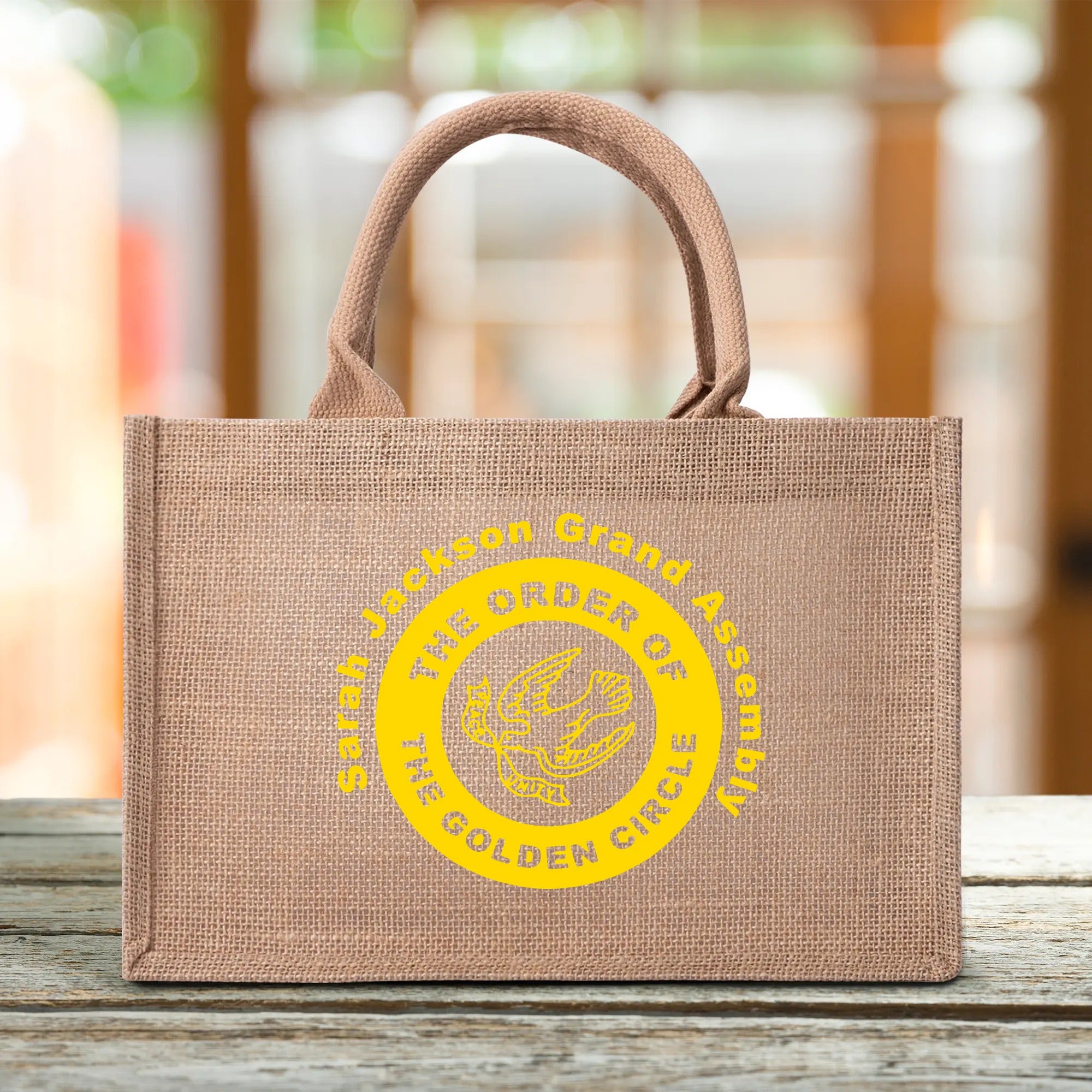 Sarah Jackson Grand Assembly Reusable Jute Burlap Tote Bag | popcustoms