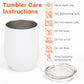 White stainless steel wine tumbler with snap-on lid, 'Tumbler Care Instructions' displayed, perfect dog mom gift.