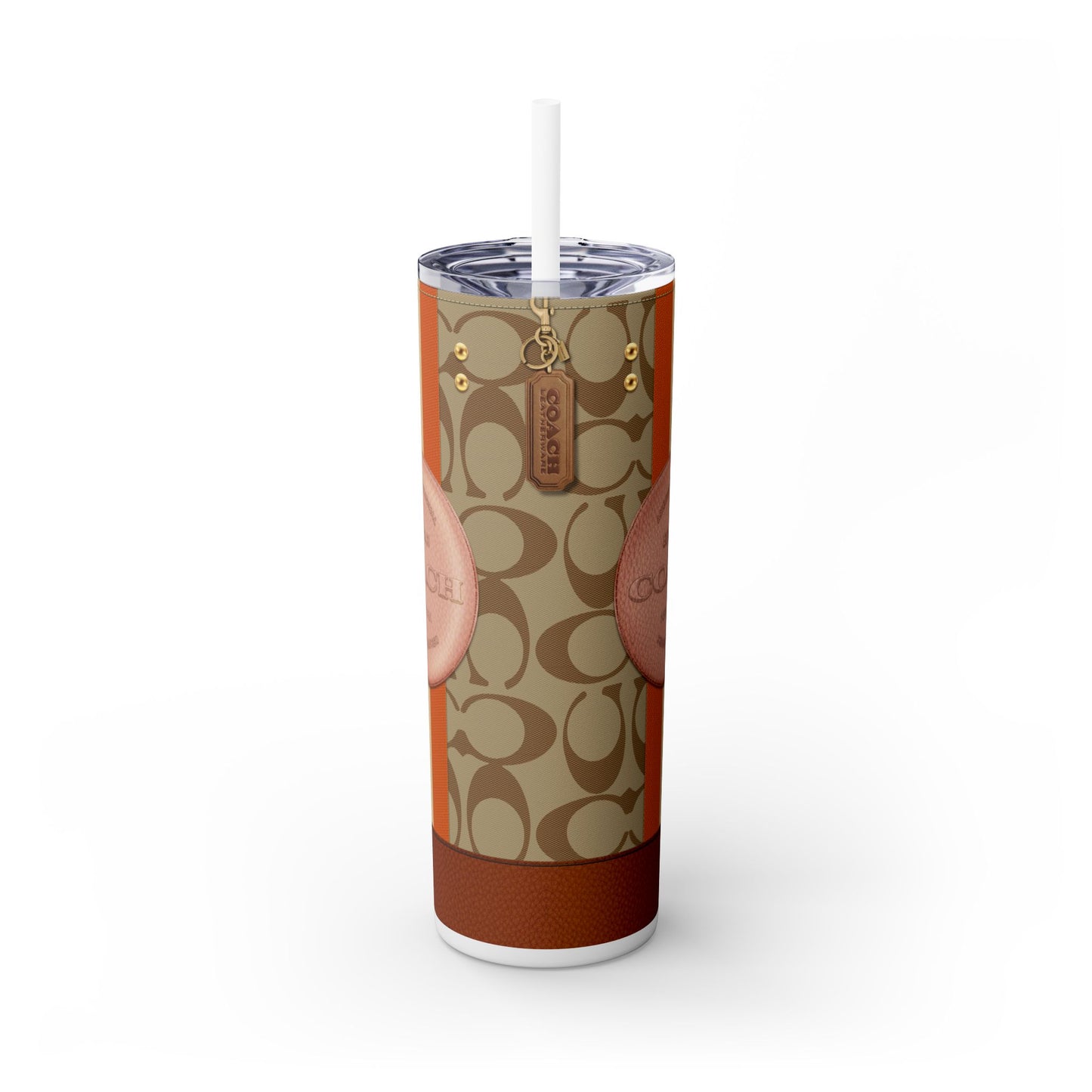 Coach Pink & Brown Gold Purse -Skinny Tumbler with Straw, 20oz | Mug | 20 oz, Back-to-School, Bottles & Tumblers, Drink, Drinks, Glossy, Home & Living, Matte, Outdoor, Stainless steel, Travel, Travel Accessories, Tumblers, Yellow MK Purse | Printify