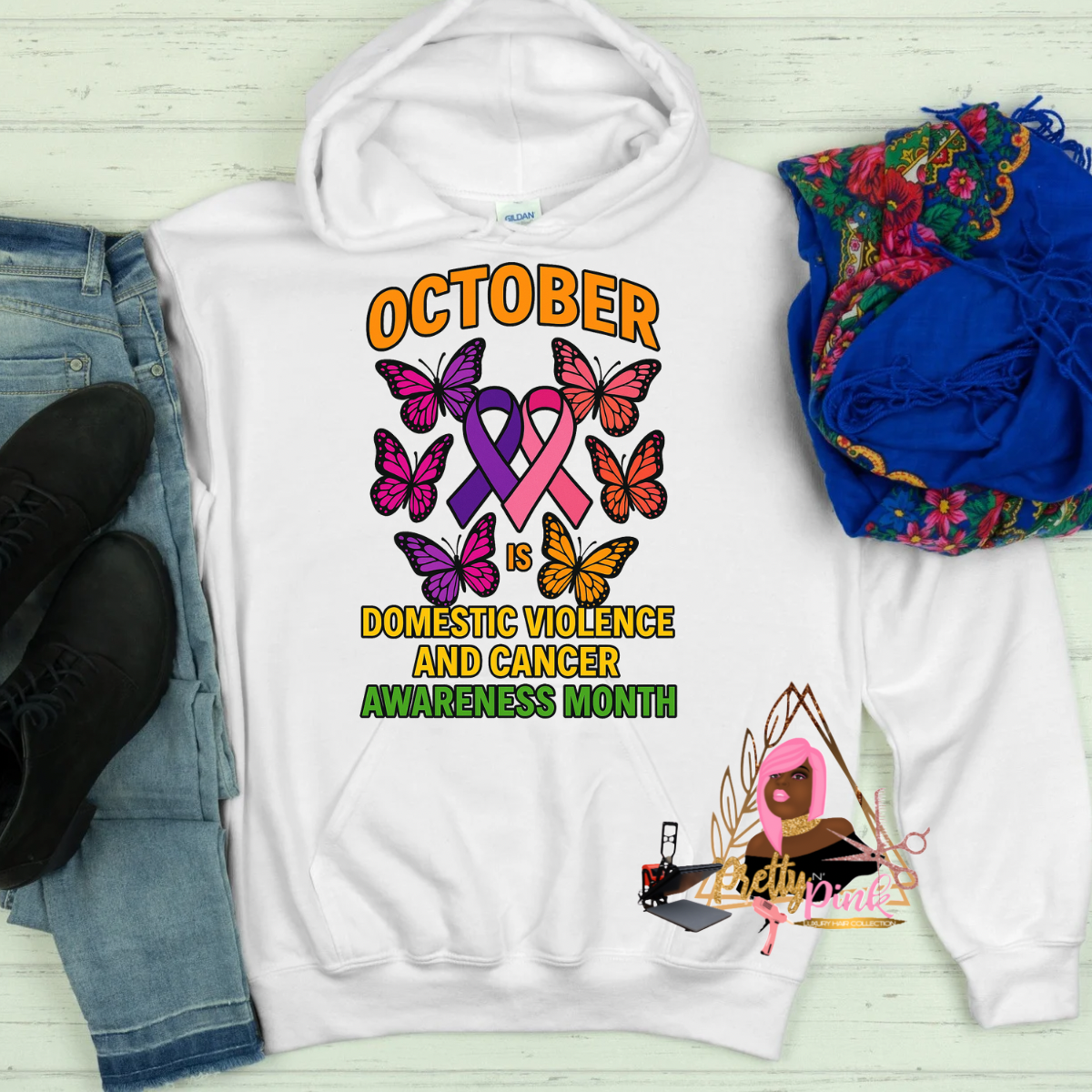 Cancer Awareness Shirts:

“Unisex black cancer awareness shirt with pink ribbon design”

“Close-up of breast cancer awareness tee – wear hope, fight cancer”

“Group wearing matching cancer awareness shirts at charity walk”

“Cancer survivor wearing personalized awareness t-shirt”

Domestic Violence Awareness Hoodies:

“Purple hoodie with domestic violence awareness slogan and ribbon”

“Back view of hoodie with empowering message to support survivors”

“Model wearing Stop Domestic Violence hoodie in casual s