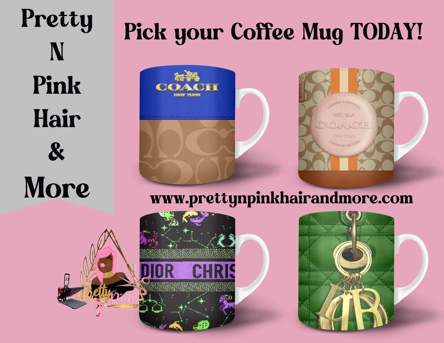“Name Brand Purse-inspired reusable coffee cups with high-fashion print, styled for luxury lovers, available at PrettyNPinkHairandMore.com and Stan Store” Coach, Hermes, LV, MK, YSL