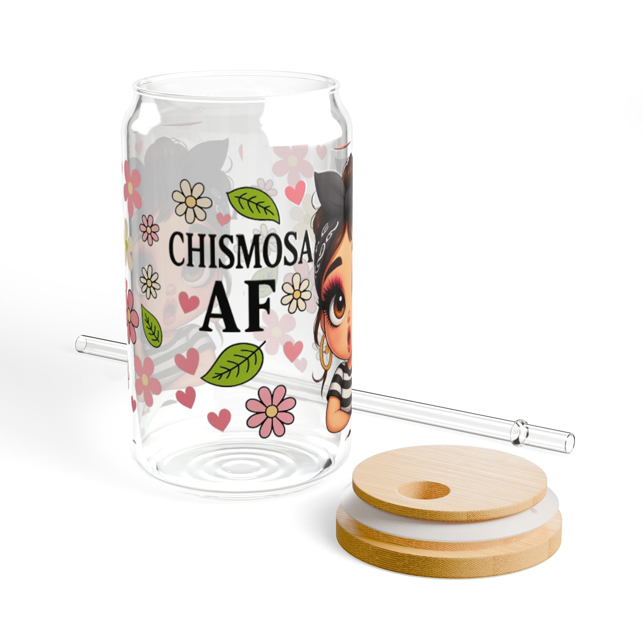 Chismosita AF Sipper Glass, Cute Drinking Jar, Summer Beverage Tumbler, Floral Design, Perfect Gift Idea