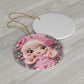 3D Embroidered Pink Christmas Elf Ceramic Ornament