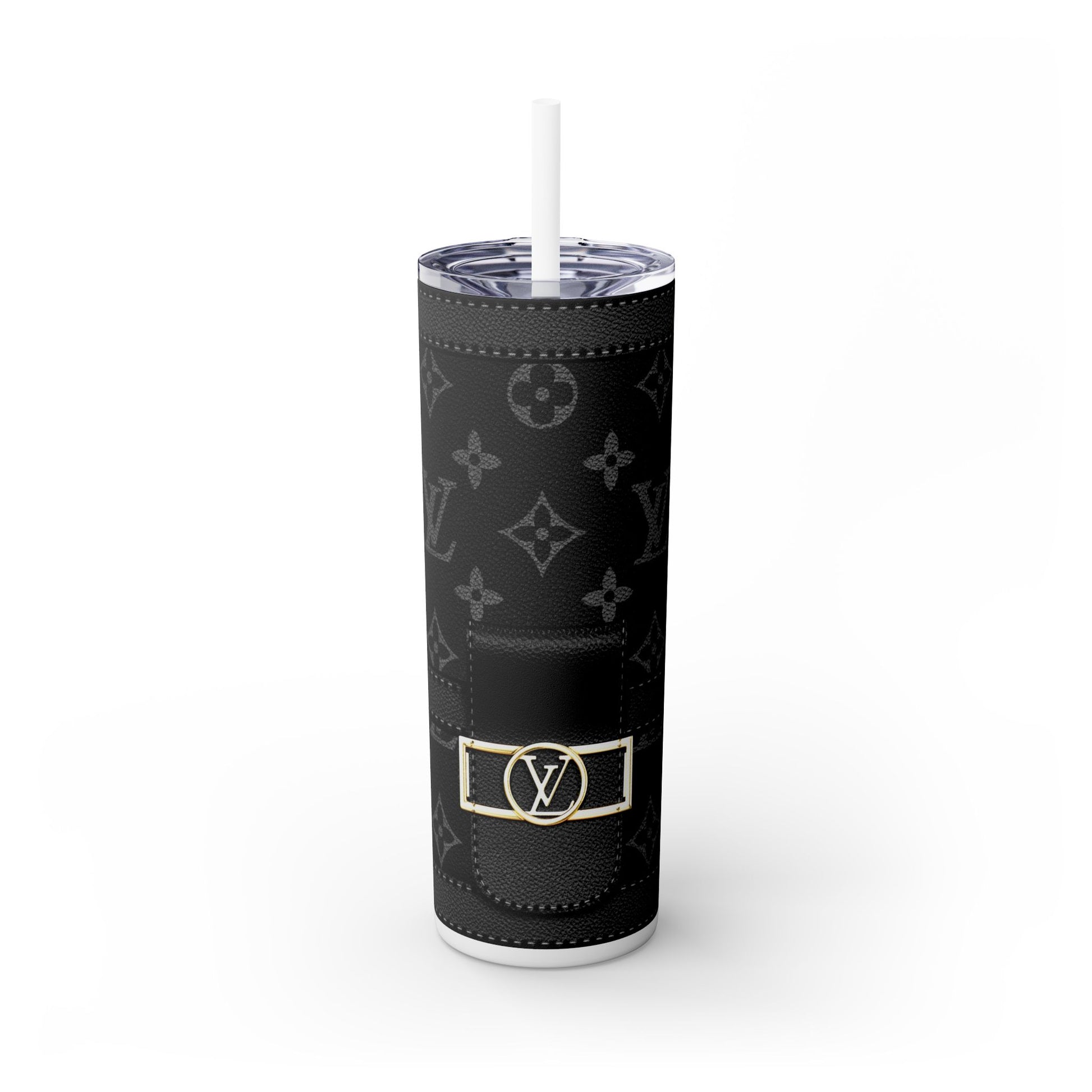 Black Louie Skinny Tumbler with Straw, 20oz | Mug | 20 oz, Back-to-School, Bottles & Tumblers, Drink, Drinks, Glossy, Home & Living, Louie Purse Tumbler, Matte, Outdoor, Purse Tumbler, Stainless steel, Travel, Travel Accessories, Tumblers | Printify