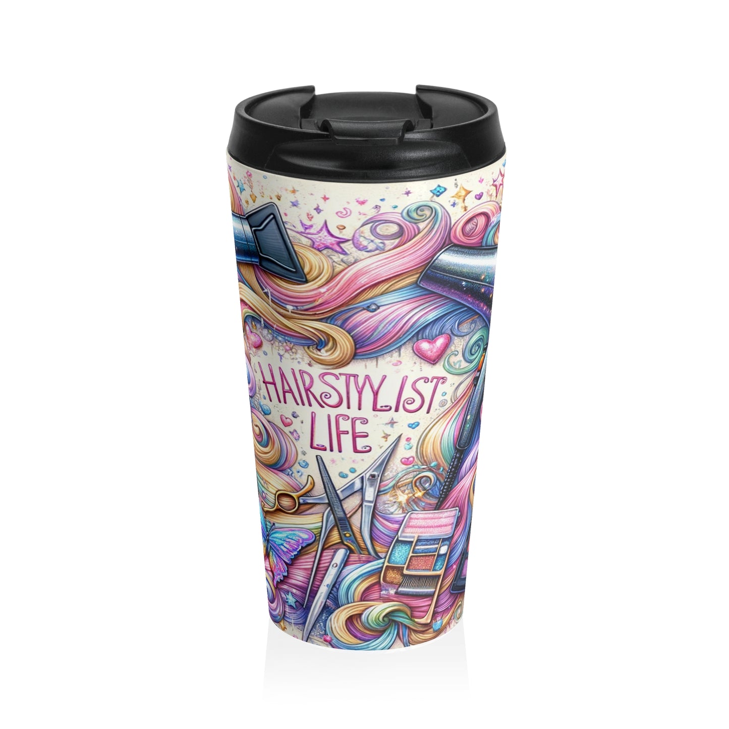 Hairstylist Life Stainless Steel Travel Mug | Mug | 15 oz, 15oz, Accessories, Bottles & Tumblers, Fall Bestsellers, Fall Picks, Home & Living, Kitchen, Reusable, Stainless steel, Sublimation, TikTok, Travel Accessories, White base | Printify