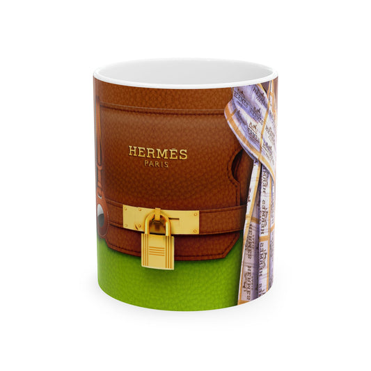 Hermes Green Purse, Ceramic Mug, (11oz, 15oz) | Mug | 11oz, 15 oz, 15oz, Coffee Mugs, Home & Living, Kitchen, MK Purse Mug, Mugs, Sublimation, US Elections Season, Valentine's Day, White base, Yellow Purse Tumbler | Printify