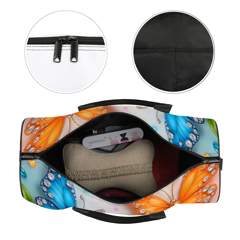 Colorful gemstone butterfly and floral print on women's travel tote bag