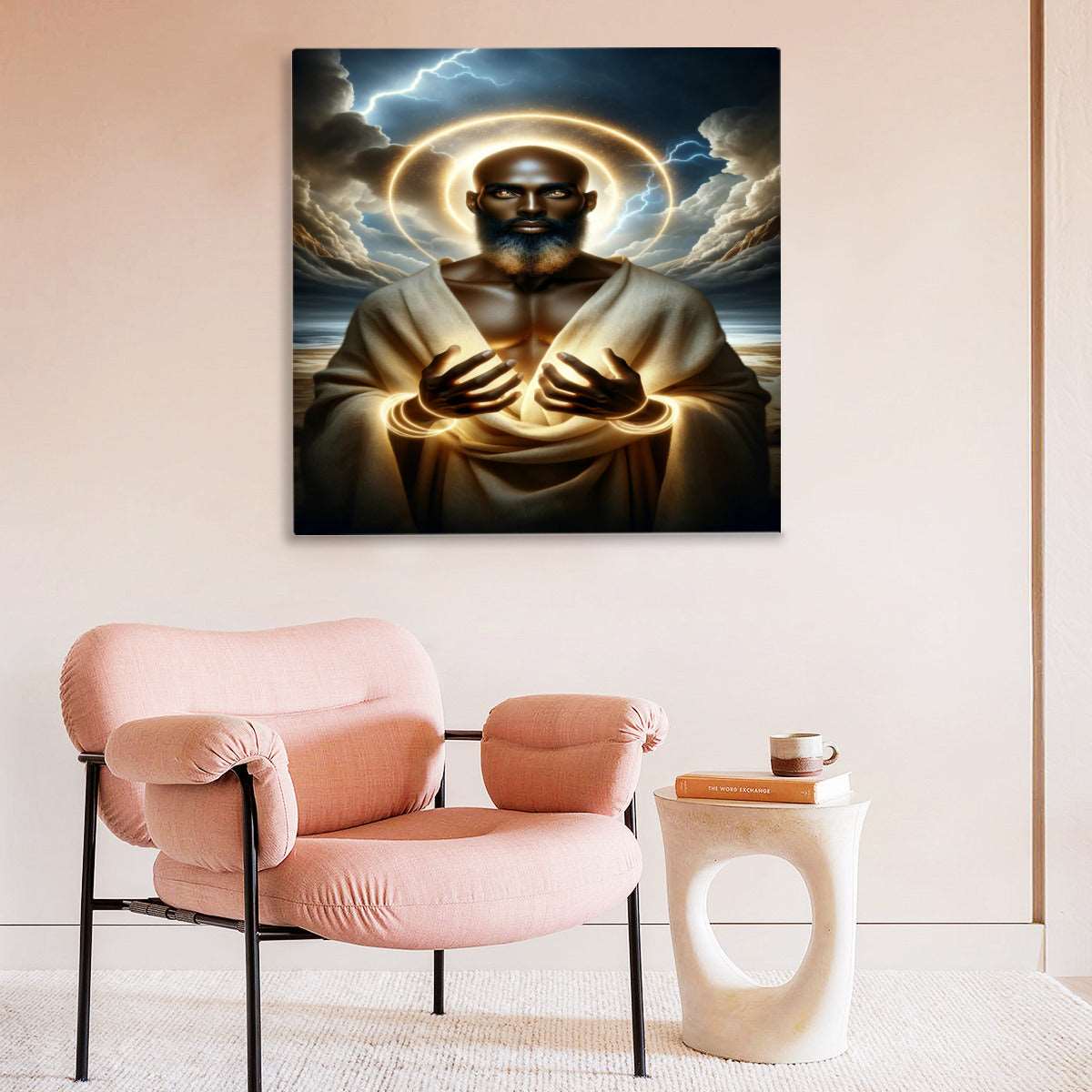 a living room with a couch and a painting 
