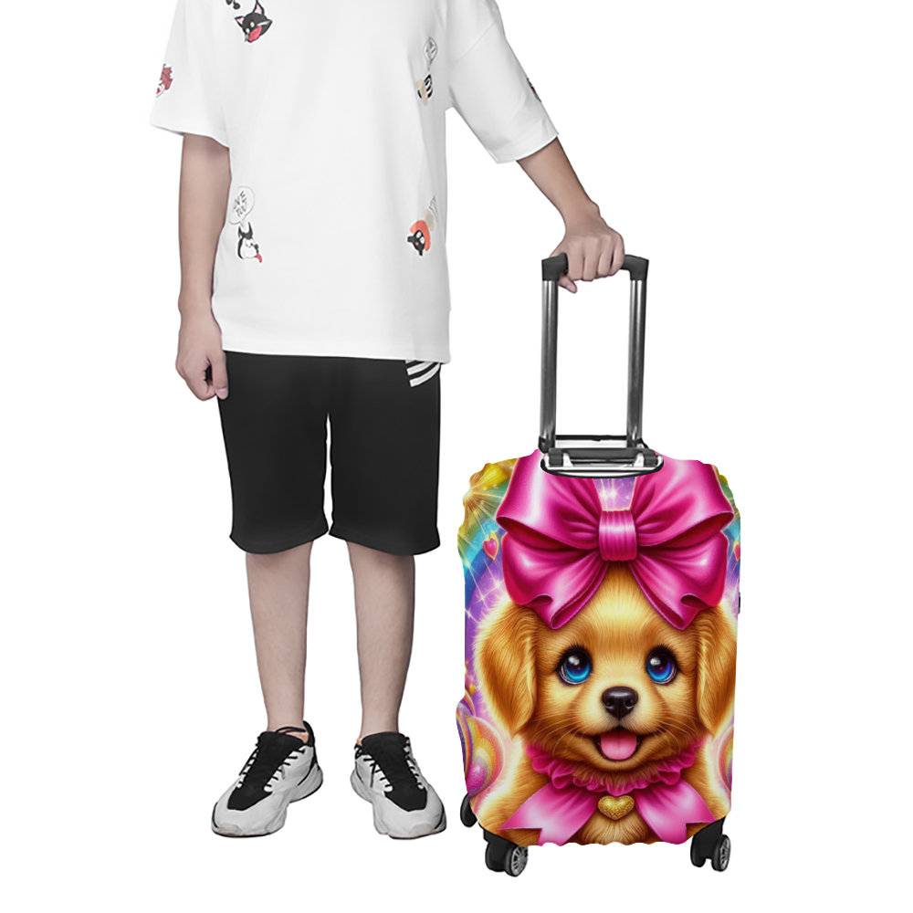 Puppy love themed travel suitcase cover with heart and dog design