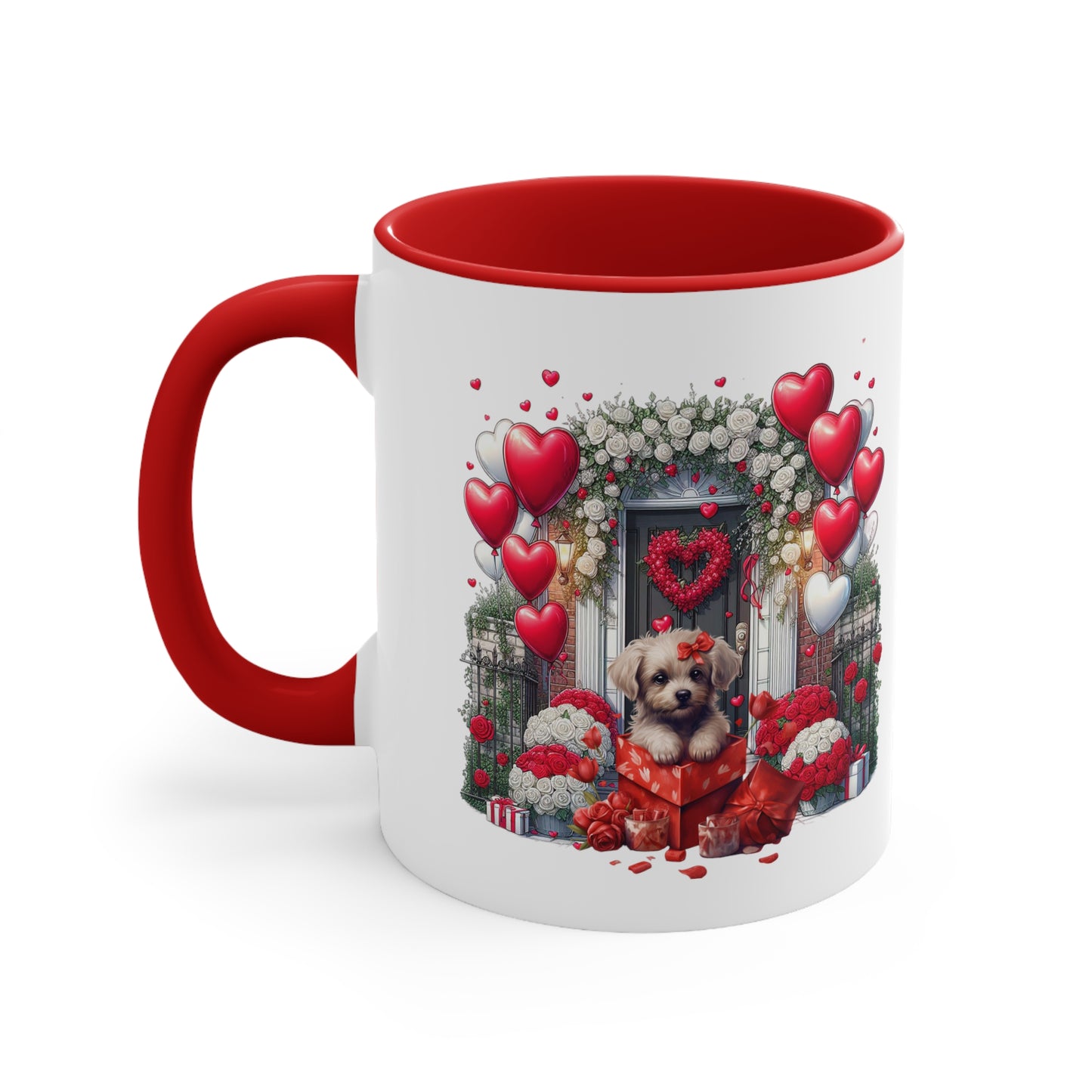 Red & White Heart Samantha Doggie Spotify QR Code Accent Coffee Mug, 11oz