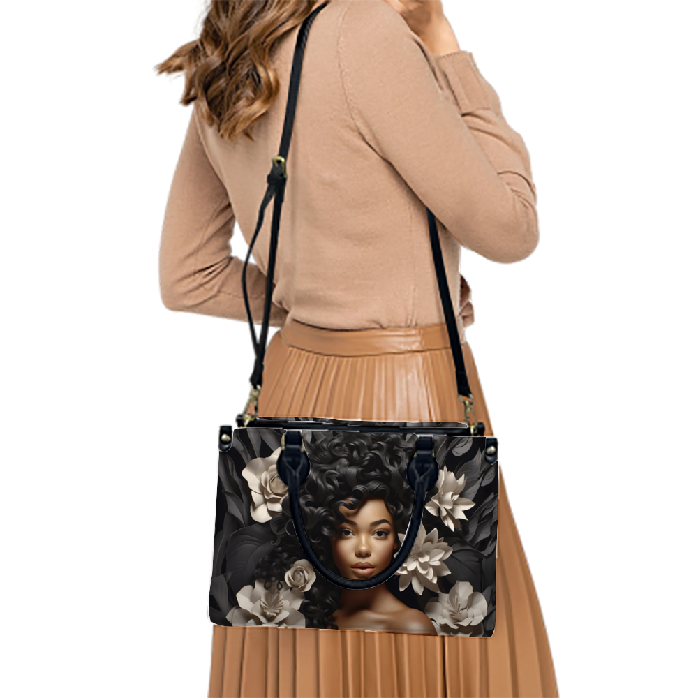 Black Women Flower Tan PU Handbag Chic and Practical Women Fashion PU Leather Tote