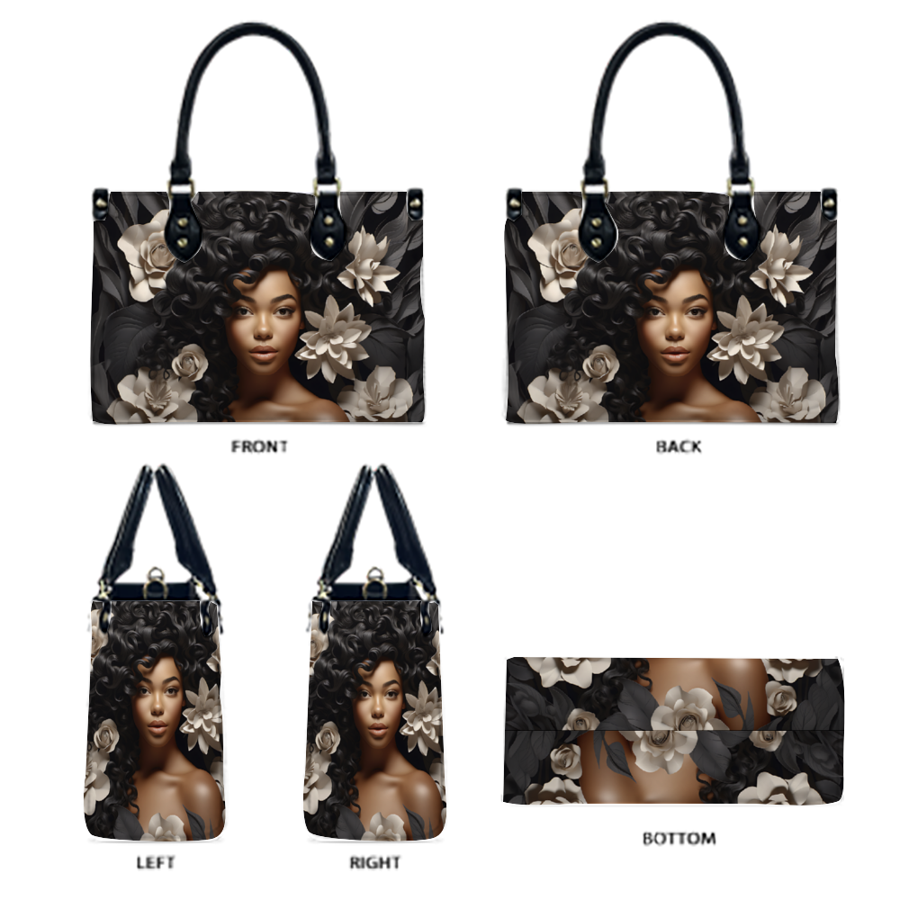 Black Women Flower Tan PU Handbag Chic and Practical Women Fashion PU Leather Tote