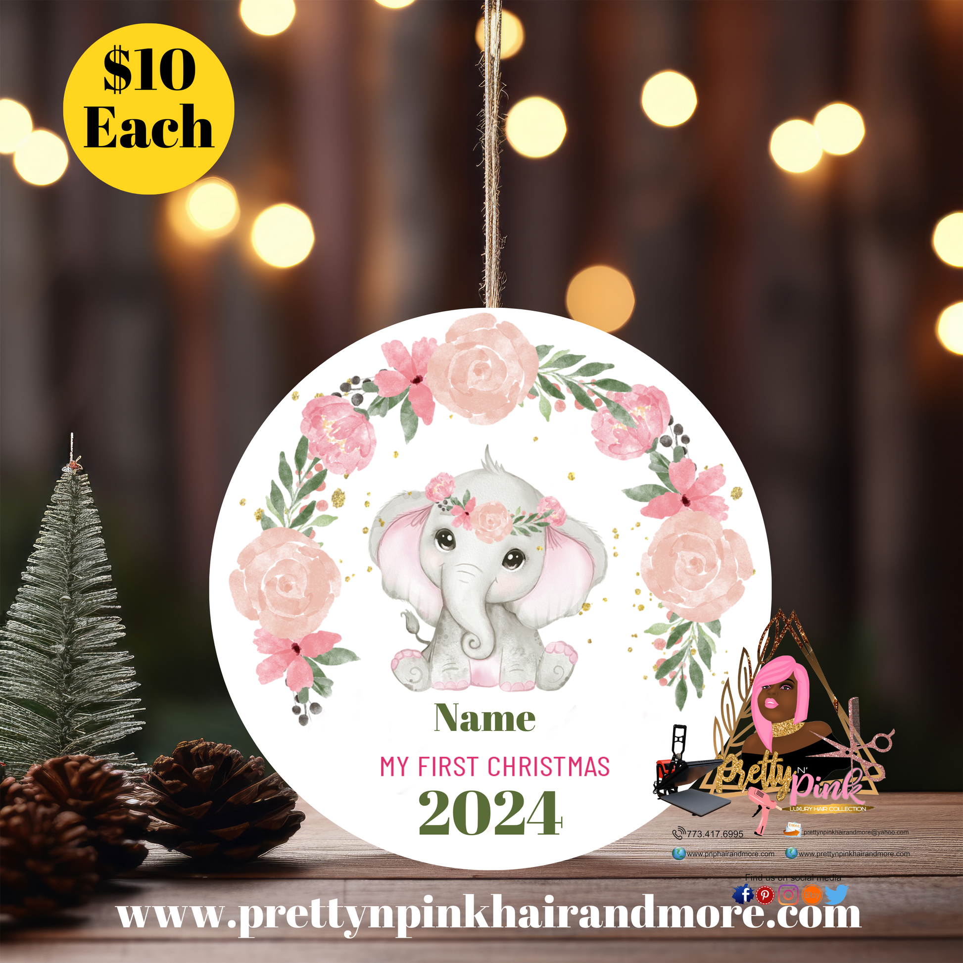 Baby Pink Elephant Christmas Ornament | 2024, 2024 Calendar, 2024 Christmas, 2024 Vote, 2024 Xmas | Pretty N Pink Hair & More