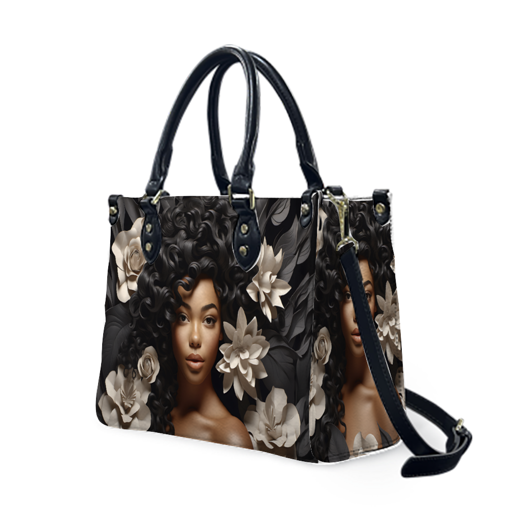 Black Women Flower Tan PU Handbag Chic and Practical Women Fashion PU Leather Tote