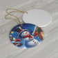 Blue Snowman Christmas Series #3, Holiday Ceramic Ornament,