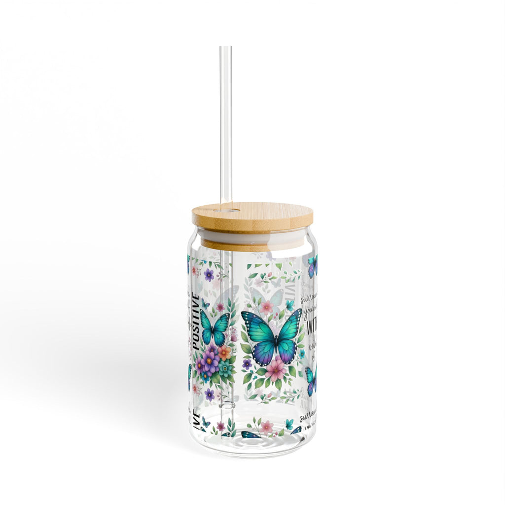 Glass Drinkware, Positive Vibes Sipper Glass, Butterfly Design, Eco-friendly Gift for Nature Lovers